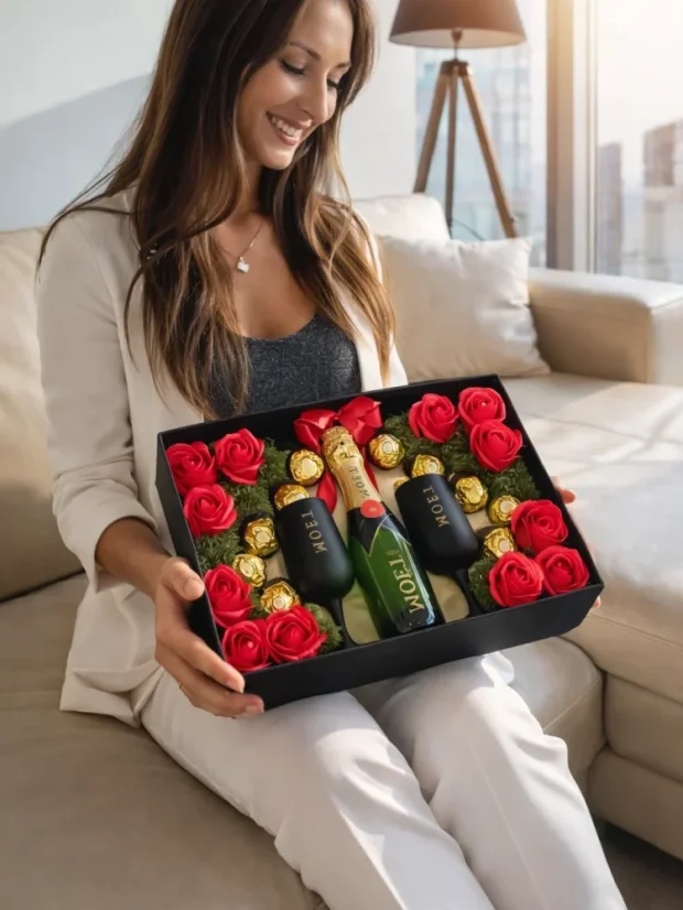 Dárkový box Moët, láhev + unikátní sklenice, s mýdlovými růžemi a pralinkami, červeno-zlatá kombinace