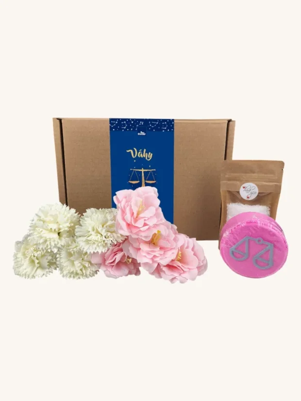 Váhy - darčekový box s mydlovými kvetmi, šumivou bombou a soľou do kúpeľa