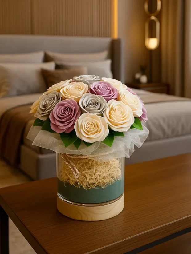 Luxusná kytica mydlových ruží, sklenená dóza na drevenom podstavci, pastelové ruže