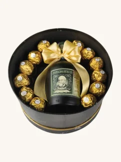 Darčekový box Diplomatico, fľaša s pralinkami, okrúhly box