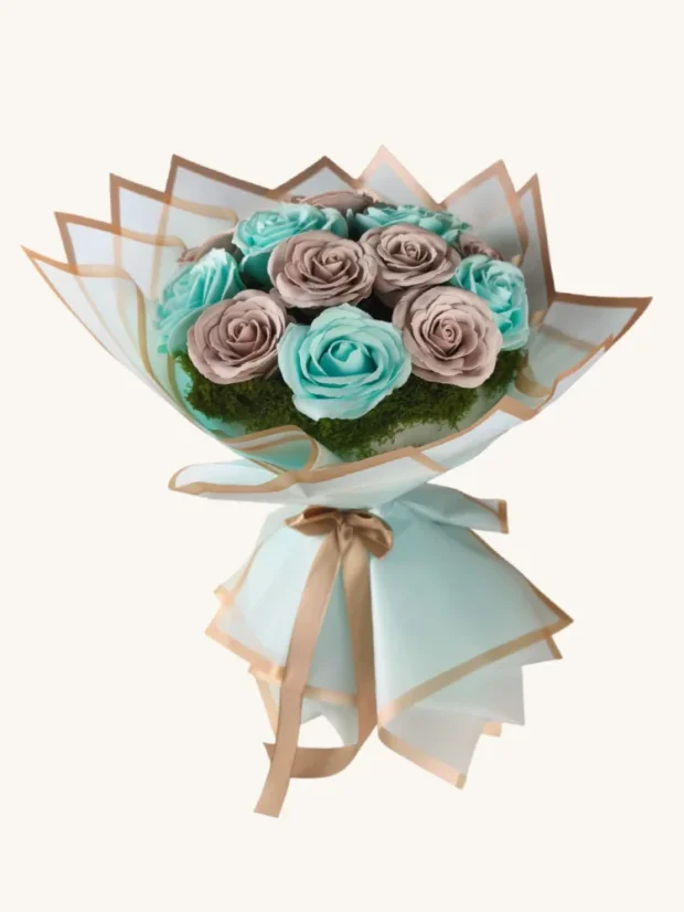 Elegantná mydlová kytica, trvácne mydlové ruže, modro-béžové farby