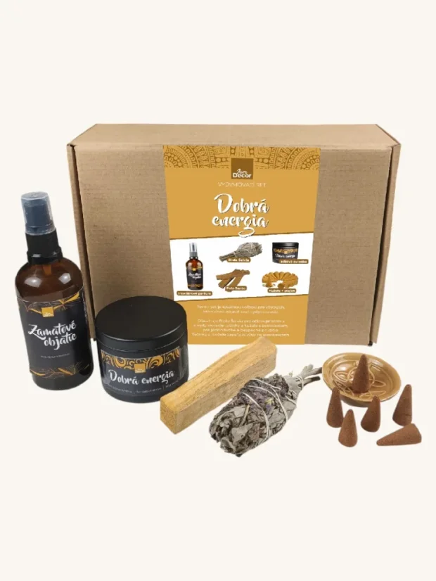 Vydymovací set Dobrá energia - izbový parfum, sójová sviečka, Palo Santo, Biela Šalvia, vonné kužele + stojan