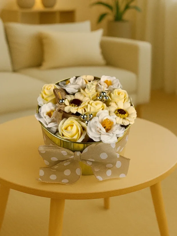 Iskra šťastia - mydlové kytice v darčekovom boxe, plechová dóza ø17x10cm, uzatvárateľná vekom