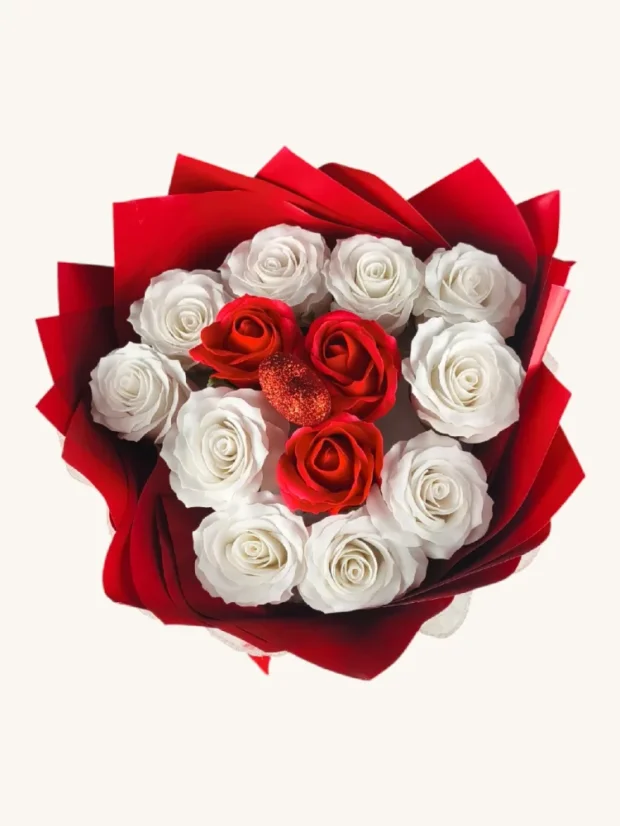 Luxusná mydlová kytica, elegantný dekór, bielo-červené farby