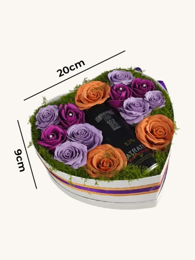 Darčekový box kombinovaný s mydlovými ružami a sektom, srdiečkový box, fialová kombinácia