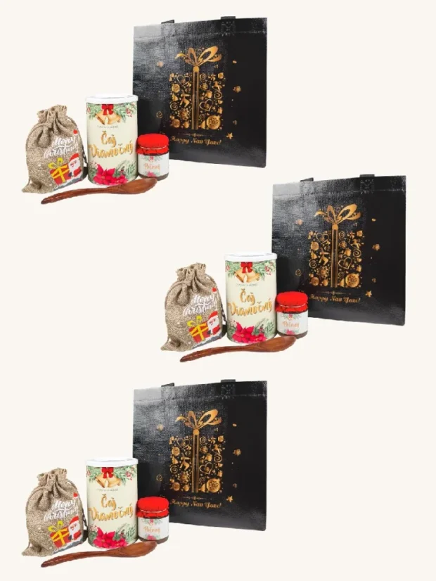 Vianočný box: sypaný čaj + pečený čaj + kvalitná drevená lyžička + darčeková taška - P00294: 3 boxy