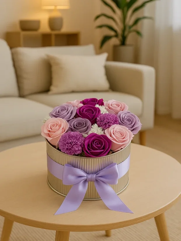 Fialový sen - mydlové kytice v darčekovom boxe, plechová dóza ø17x10cm, uzatvárateľná vekom