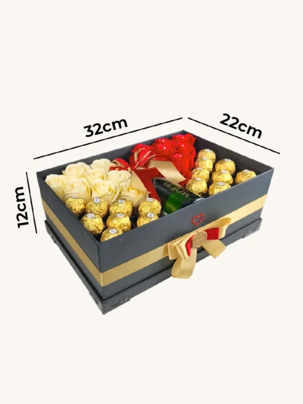 Darčekový box kombinovaný s mydlovými ružami, pralinkami a prémiovým sektom, obdĺžnikový box, červeno-zlatá kombinácia