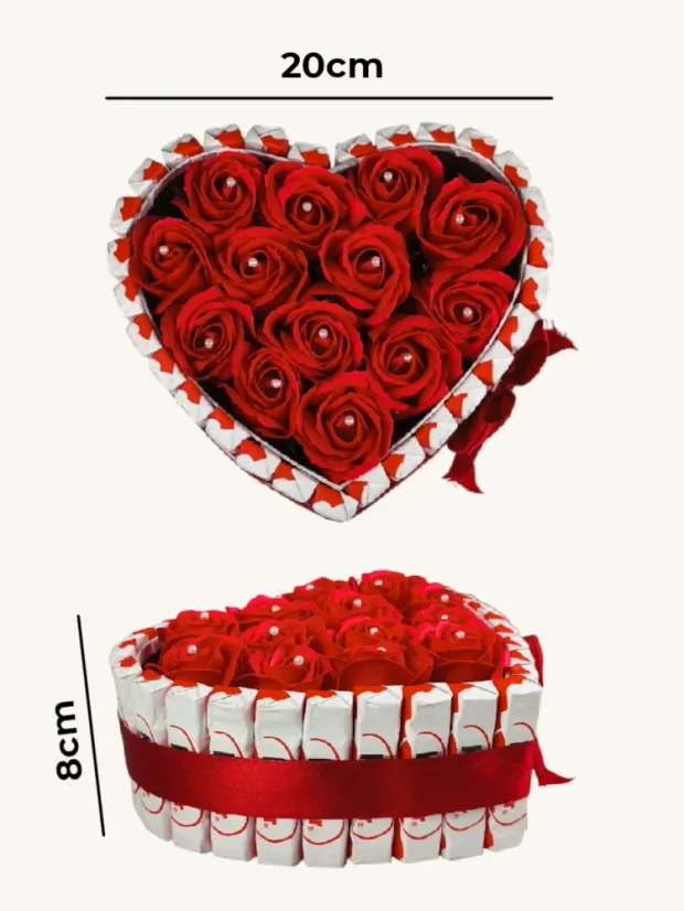 Darčekový box v tvare srdca, kombinovaný s ružami a pralinkami, červené ruže, Kinder