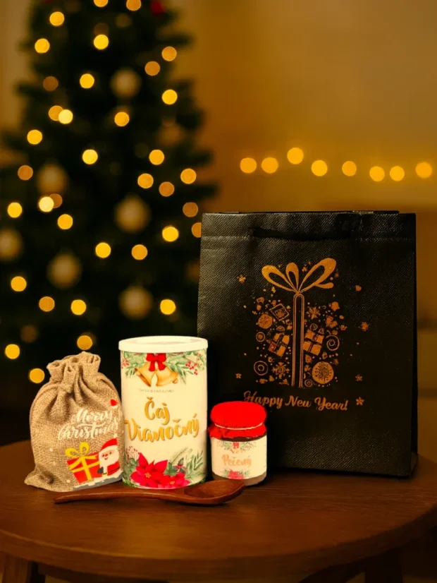 Vianočný box: sypaný čaj + pečený čaj + kvalitná drevená lyžička + darčeková taška - P00294: 3 boxy