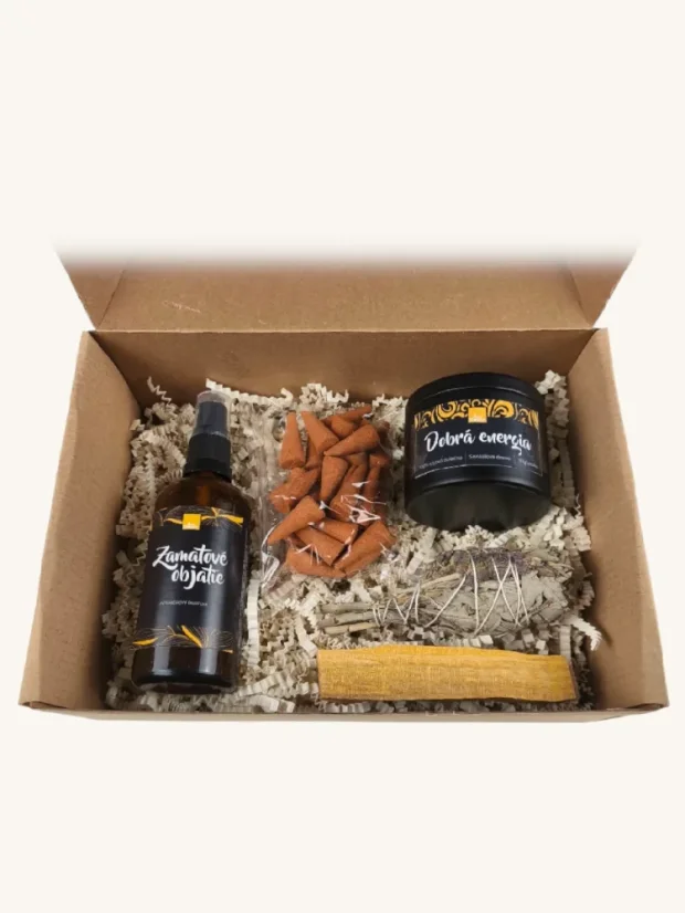 Vydymovací set Dobrá energia - izbový parfum, sójová sviečka, Palo Santo, Biela Šalvia, vonné kužele + stojan