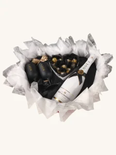 Darčekový box Moët, veľká fľaša + sklenené poháre, s pralinkami, čierno-zlatá kombinácia