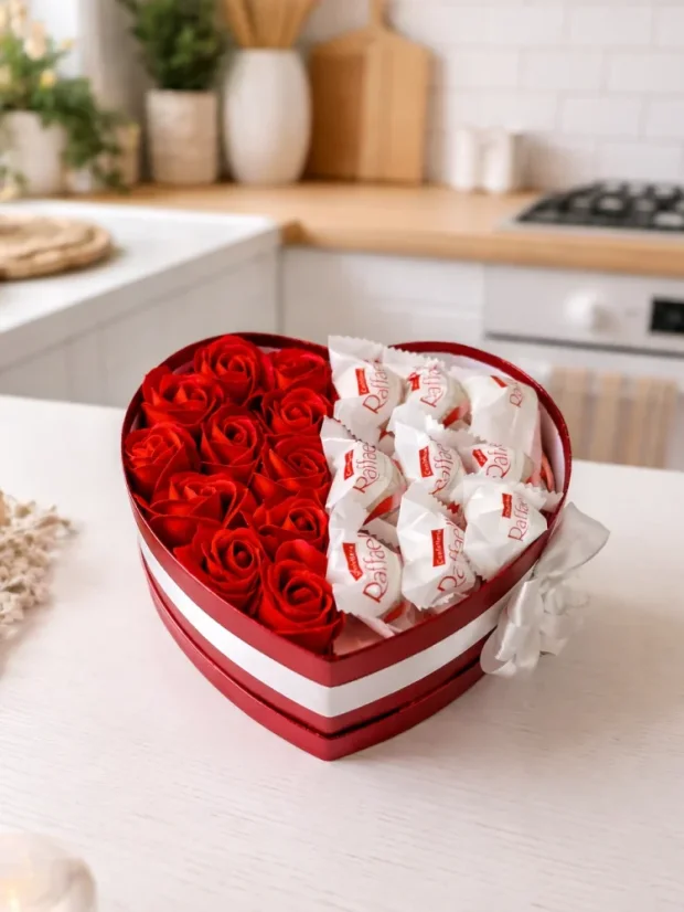 Darčekový box v tvare srdca, kombinovaný s ružami a pralinkami, červené ruže, Raffaello