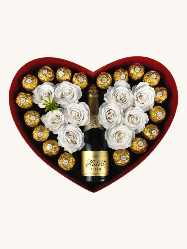 Srdiečkový darčekový box s mydlovými ružami, sektom a pralinkami, Ferrero Rocher, Hubert de Luxe