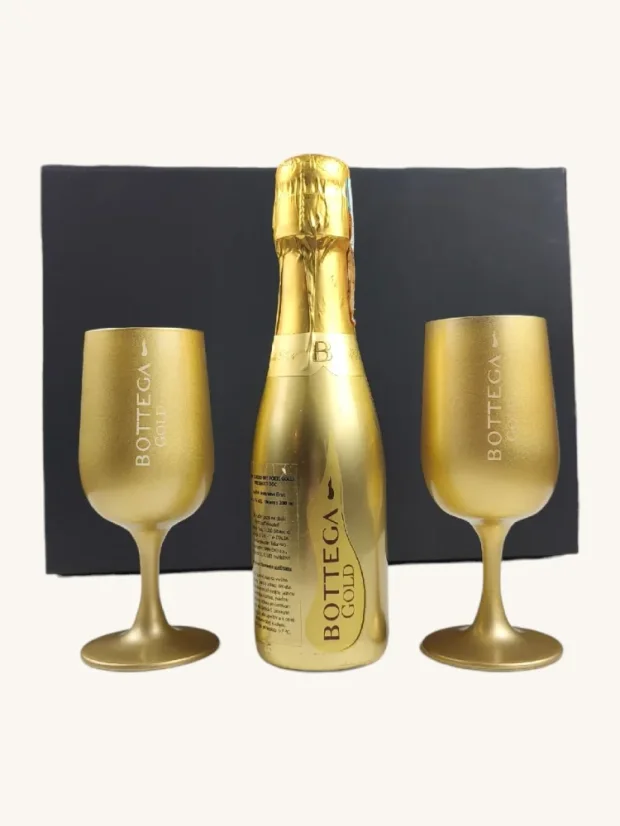 Dárkový box Bottega: zlatá láhev + zlaté skleněné sklenice, čokoládové pralinky, mýdlové růže