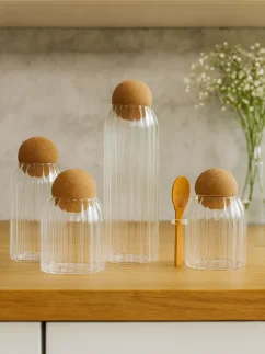 Sklenené nádoby s korkovou guličou, priehľadné, vrúbkované, 10-25cm