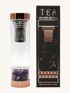 Luxusné sklenené fľaše na čaj, s komorou na kryštály, ružové zlato, odnímateľné sitko, 500m, Amethyst