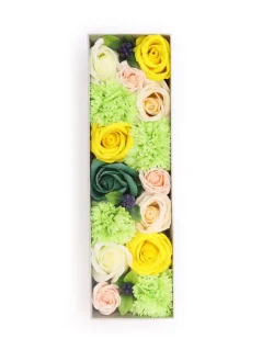 Mydlové kvety - dlhý darčekový box, žltá a zelená