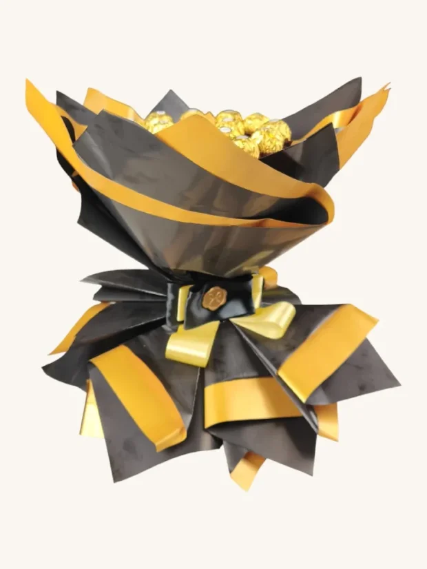 Darčeková sada praliniek Ferrero Rocher v tvare kytice, čierno-zlatá