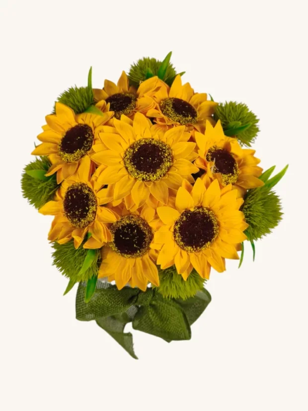 Darčekový set mydlových slnečníc, biely košík so zelenou stuhou