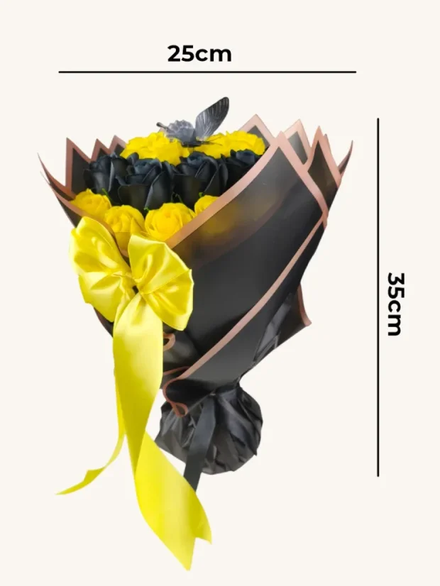 Bohatá kytica z mydlových ruží, 33 ruží, samostojaca, žlto-čierna kombinácia