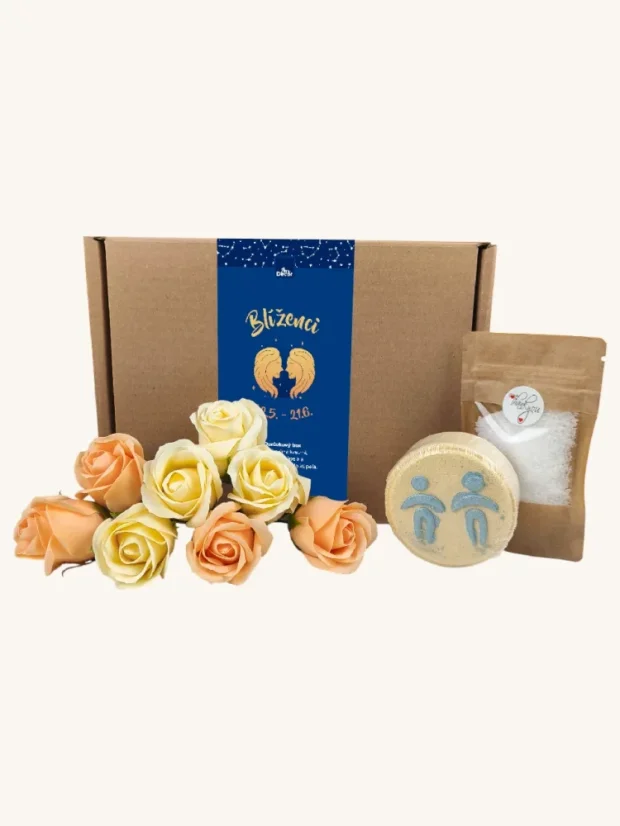 Blíženci - darčekový box s mydlovými kvetmi, šumivou bombou a soľou do kúpeľa