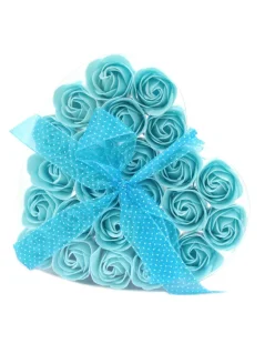 Darčeková sada mydlových kvetov, 24x ruža, tvar srdca, modrá