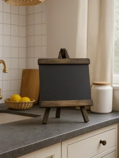 Rustikálna drevená tabuľka na stôl, písacia a umývateľná tabuľa, so stojanom