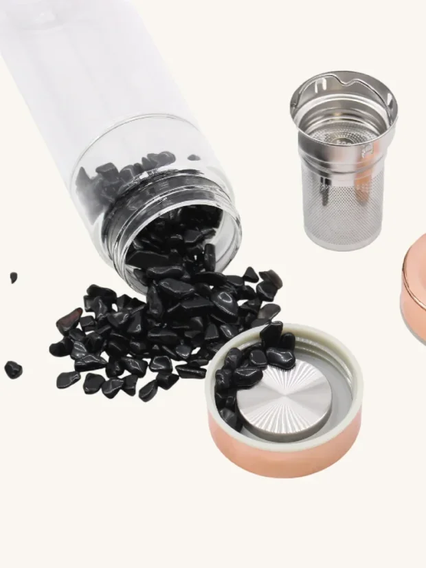 Luxusné sklenené fľaše na čaj, s komorou na kryštály, ružové zlato, odnímateľné sitko, 500m, Amethyst