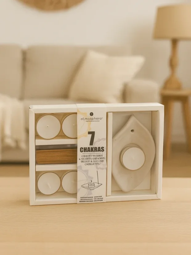 Darčekové balenie 7 Chakras - 7 sviečok, vydymovacie tyčinky, stojan na sviečky a tyčinky
