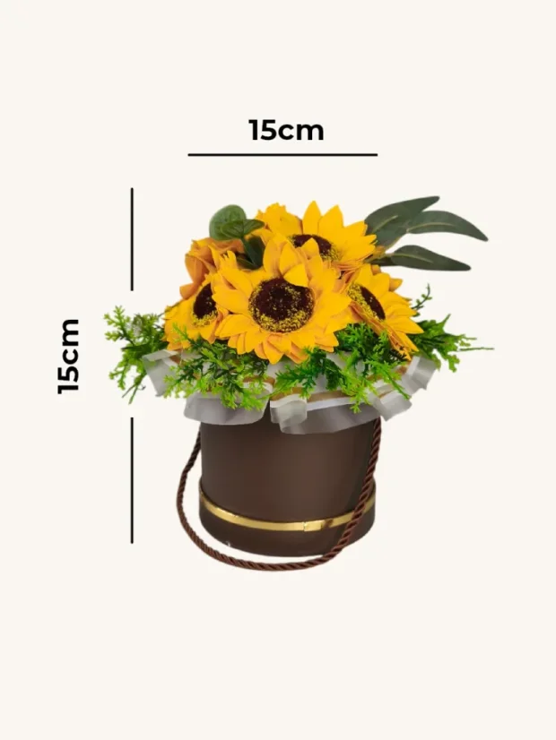 Mydlový flower box Aura Decor, hnedý so zlatým lemom, slnečnice