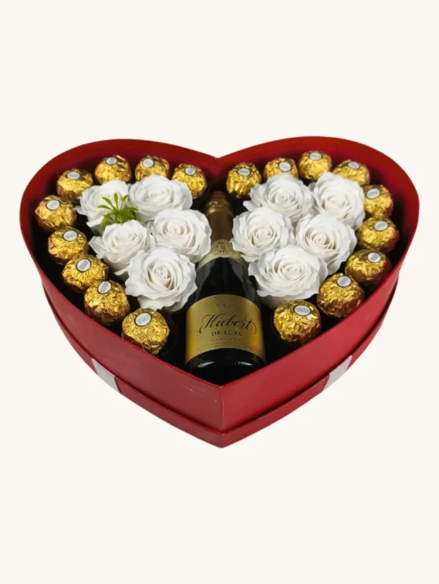 Srdiečkový darčekový box s mydlovými ružami, sektom a pralinkami, Ferrero Rocher, Hubert de Luxe