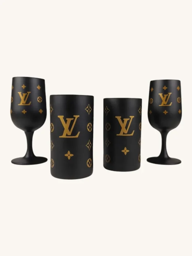 Darčekový box Louis Vuitton, 4 matné poháre - 2 na stopke a 2 klasické, dizajn LV