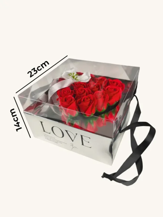 Darčekový box s mydlovými ružami, strieborný box, červené ruže