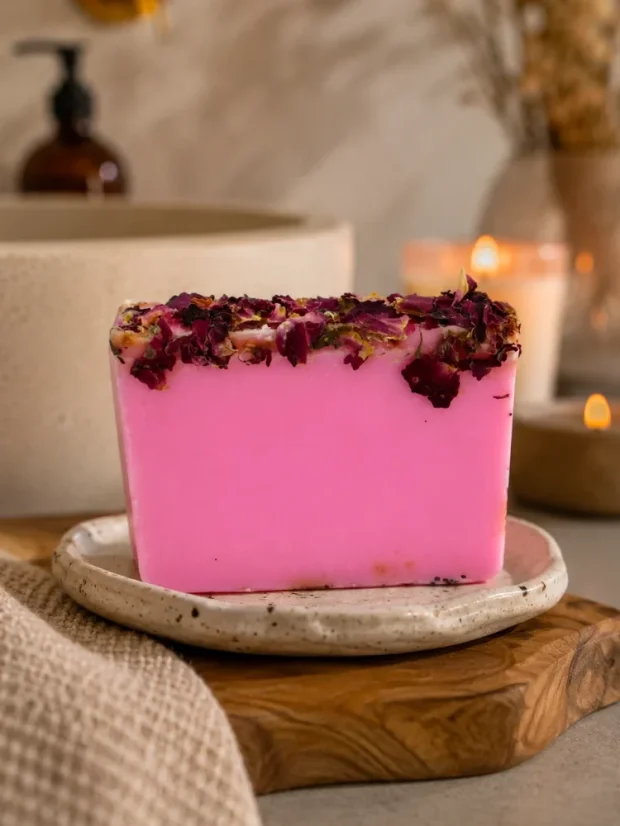Ručně vyráběné mýdlo Aura Decor – Růže, vůně růže s okvětními lístky růže, 100g
