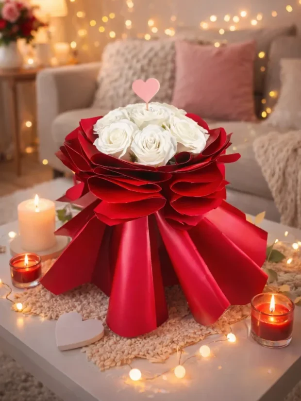 Mydlová kytica z 8 ruží, samostojaca, bohatá dekorácia, biele ruže