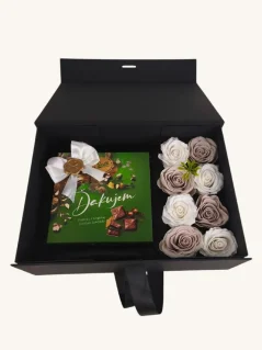 Darčekový box Ďakujem, belgická čokoláda a mydlové ruže