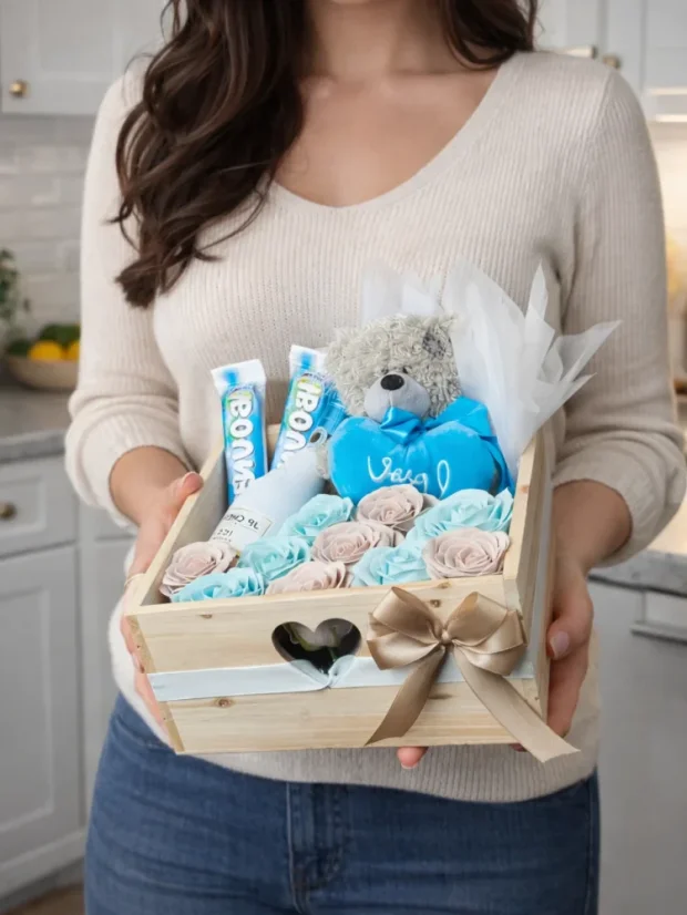 Darčekový box kombinovaný s mydlovými ružami, pralinkami, sektom a plyšovým medvedíkom, štvorcový box, modrá kombinácia