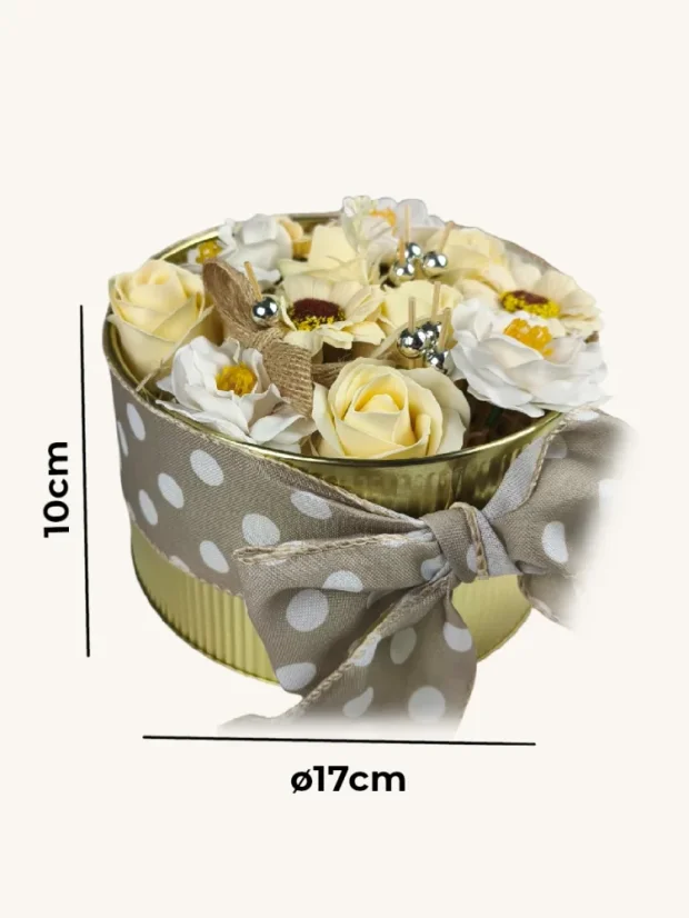 Iskra šťastia - mydlové kytice v darčekovom boxe, plechová dóza ø17x10cm, uzatvárateľná vekom