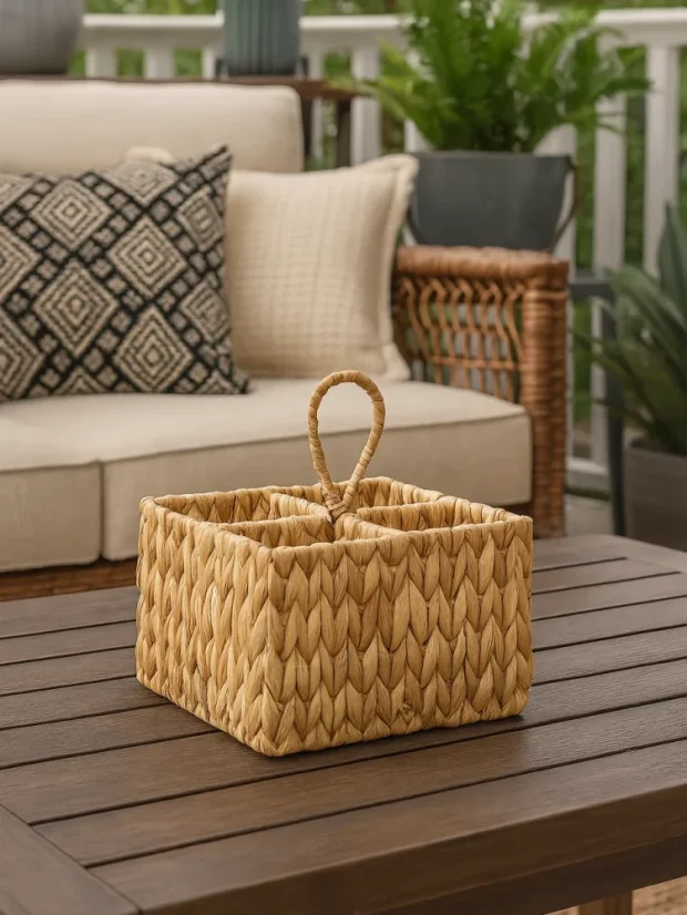 4-priehradková nádoba, vhodná na príbory, oceľ + prútený vzor, s držiakom