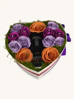 Darčekový box kombinovaný s mydlovými ružami a sektom, srdiečkový box, fialová kombinácia