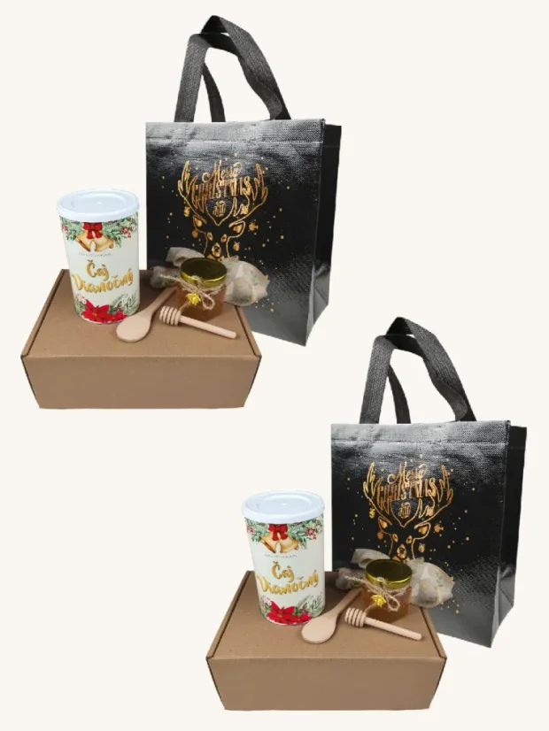 Vianočný box: sypaný čaj + med + lyžička a naberačka na med + darčeková taška - P00181: 2 boxy