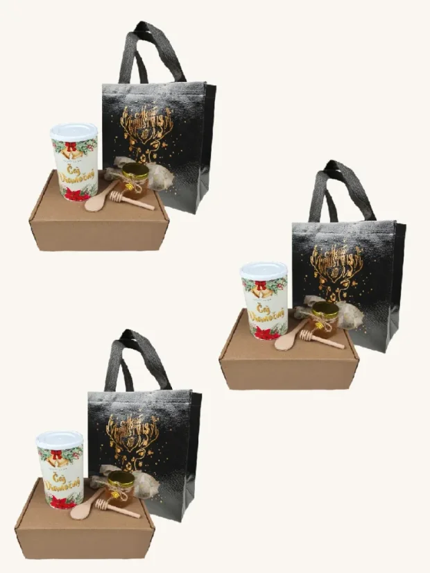 Vianočný box: sypaný čaj + med + lyžička a naberačka na med + darčeková taška - P00181: 3 boxy