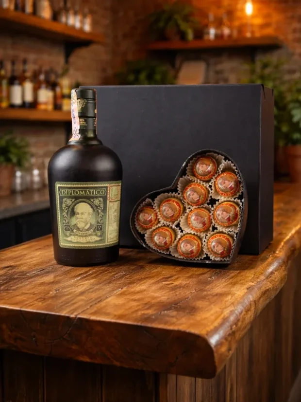 Zestaw prezentowy Diplomatico 0,7l, butelka z czekoladkami i mydlanymi różami, pudełko na magnes