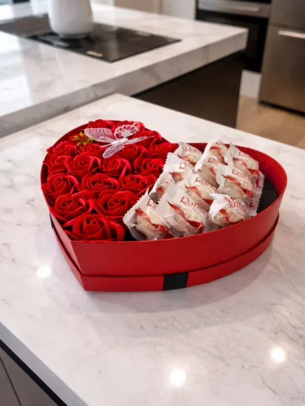 Srdiečkový darčekový box s mydlovými ružami a čokoládovými pralinkami Raffaello