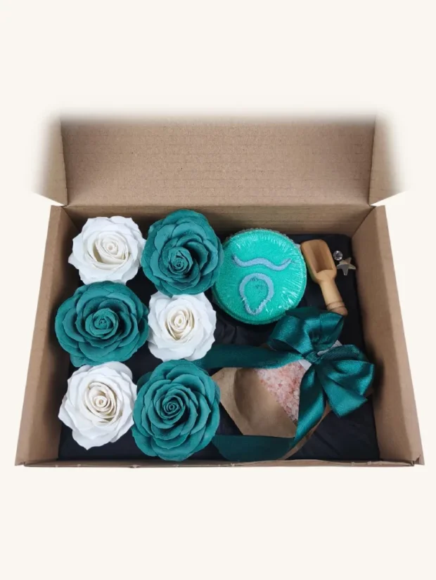 Býk - darčekový box s mydlovými kvetmi, šumivou bombou a soľou do kúpeľa
