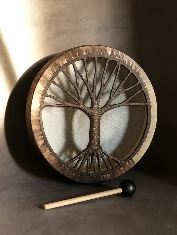 Šamanský búbon s keltským vzorom, vzadu strom života, priemer 25cm