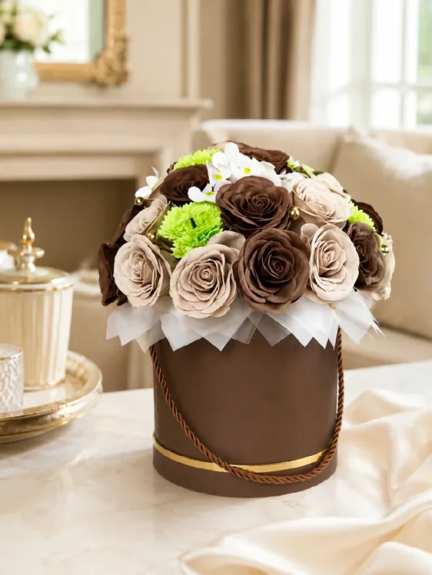 Veľký luxusný mydlový flower box Aura Decor, hnedý so zlatým lemom