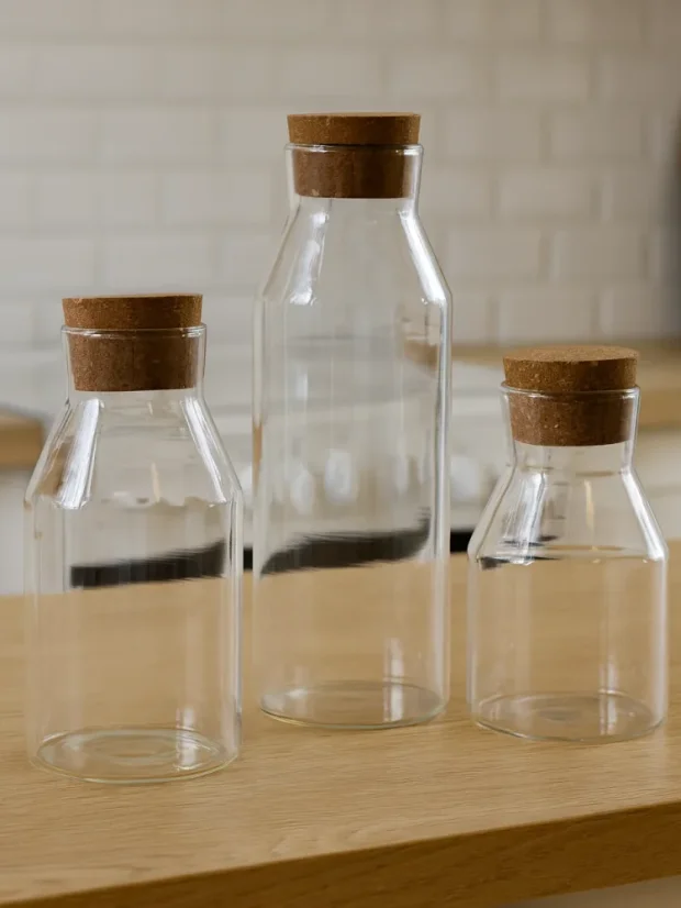 Sklenené nádoby s korkovým uzáverom, priehľadné, 15-25cm - P00127: 20cm