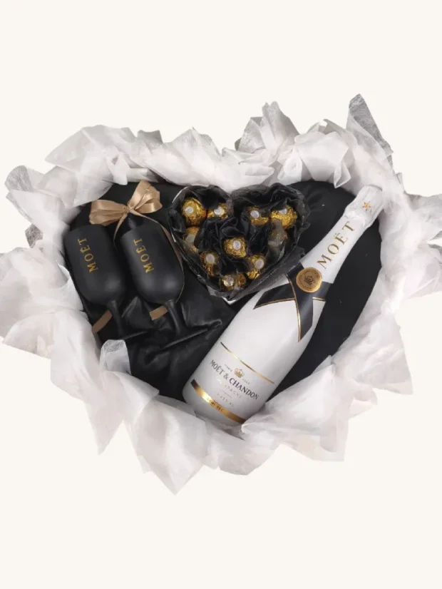 Darčekový box Moët, veľká fľaša + sklenené poháre, s pralinkami, čierno-zlatá kombinácia